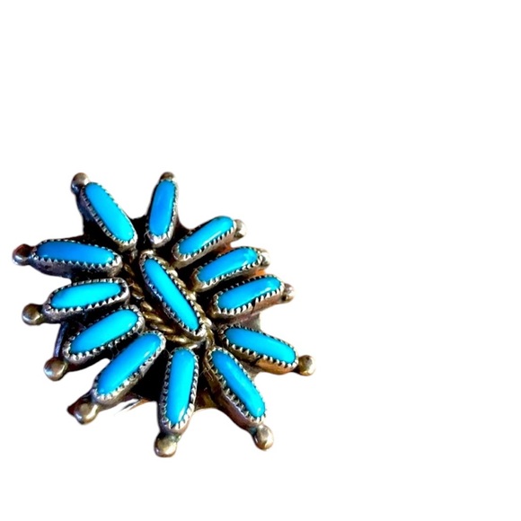 Vintage .925 Needlepoint Style Zuni Navajo Style Turquoise Ring - Picture 9 of 15